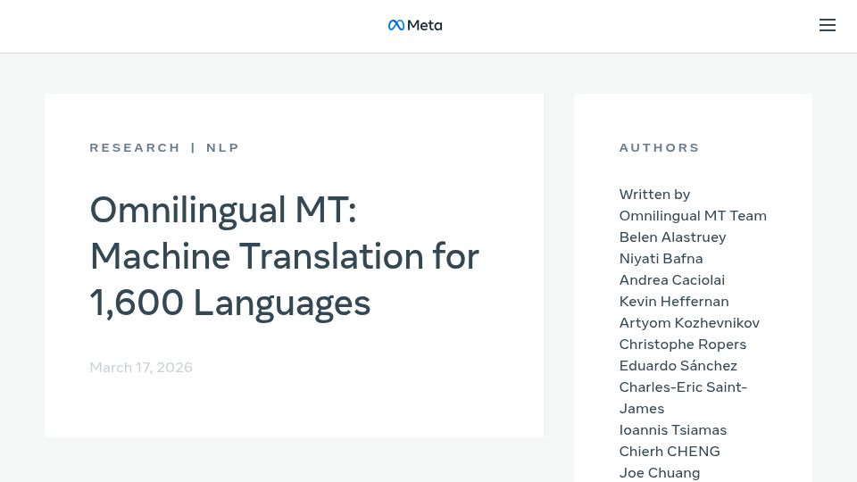 Screenshot of ai.meta.com: Meta's Omnilingual MT for 1,600 Languages