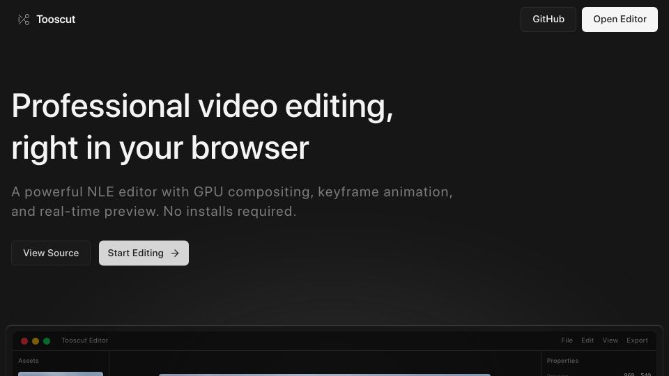 Screenshot of tooscut.app: Professional video editing, right in the browser with WebGPU and WASM