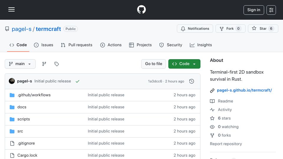 Screenshot of github.com: Show HN: Termcraft – Terminal-first 2D sandbox survival in Rust