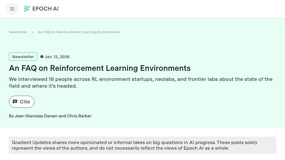 Screenshot of epoch.ai: An FAQ on Reinforcement Learning Environments