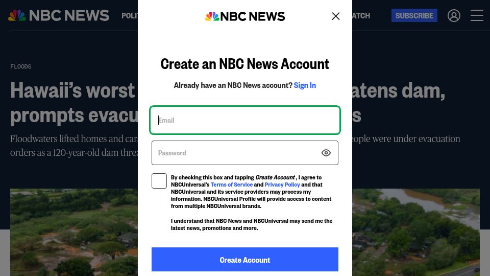 Screenshot of nbcnews.com: Hawaii's worst flooding in 20 years threatens dam, prompts evacuations