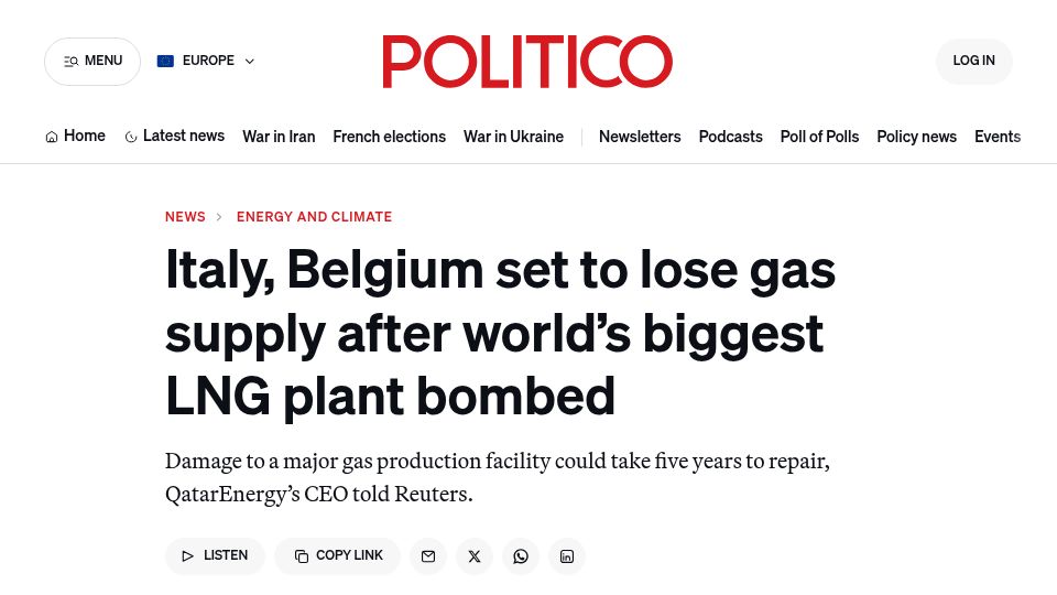 Screenshot of politico.eu: Italy, Belgium set to lose gas supply after biggest LNG plant bombed