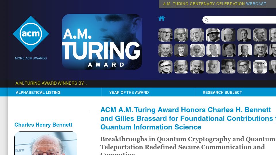Screenshot of amturing.acm.org: Turing Award Honors Bennett and Brassard for Quantum Information Science