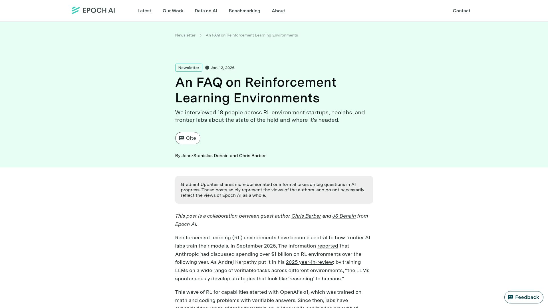 Screenshot of epoch.ai: An FAQ on Reinforcement Learning Environments