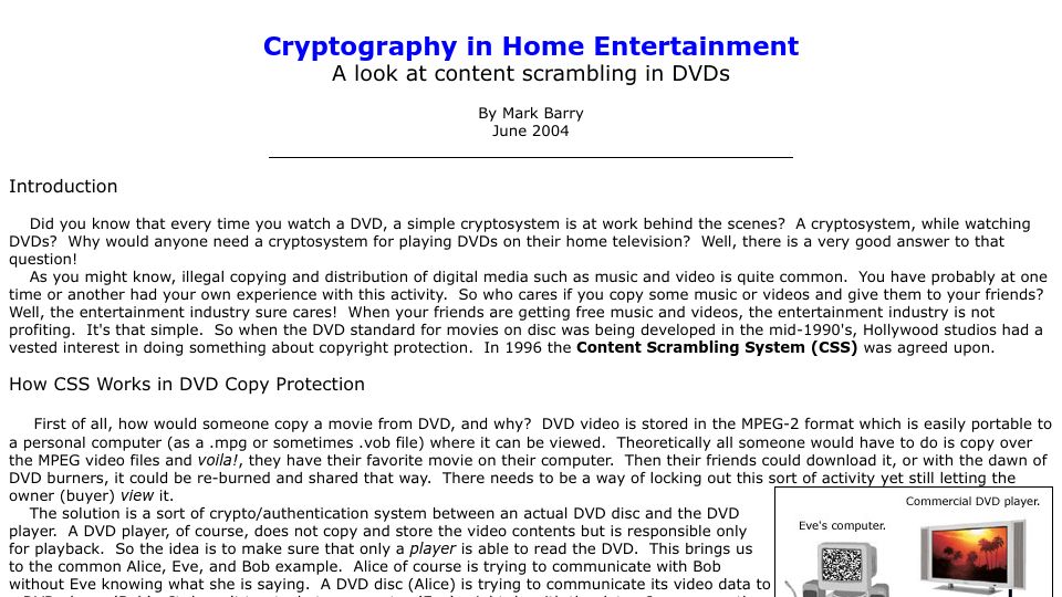 Screenshot of mathweb.ucsd.edu: Cryptography in Home Entertainment (2004)