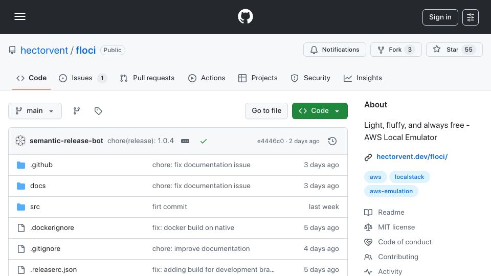Screenshot of github.com: Floci – A free, open-source local AWS emulator