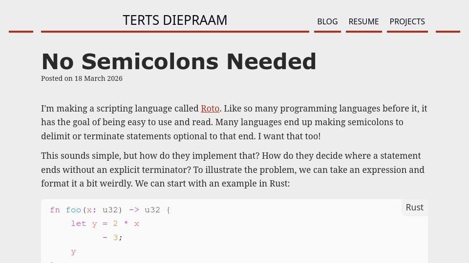 Screenshot of terts.dev: No Semicolons Needed