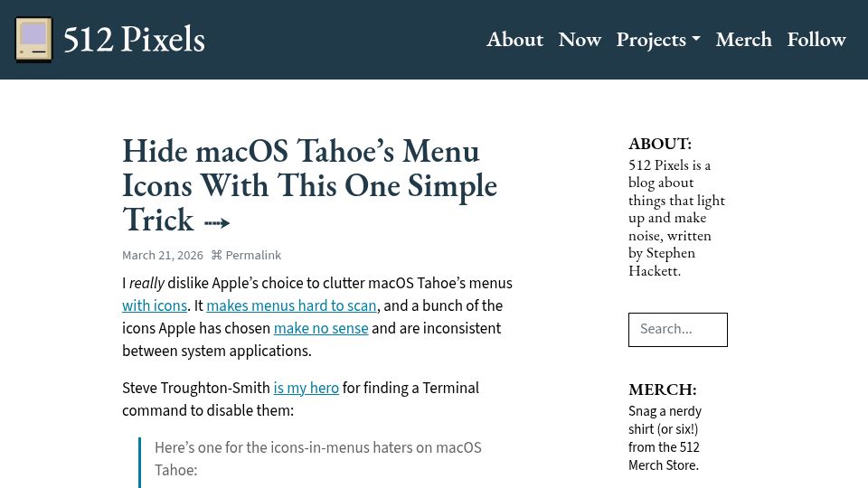 Screenshot of 512pixels.net: Hide macOS Tahoe's Menu Icons