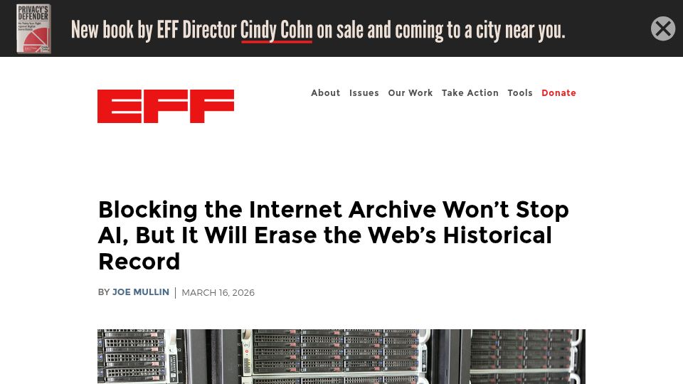 Screenshot of eff.org: Blocking Internet Archive Won't Stop AI, but Will Erase Web's Historical Record