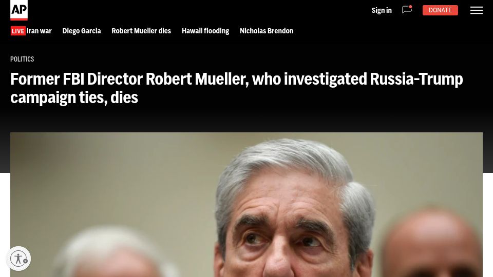 Screenshot of apnews.com: Former FBI Director Robert Mueller Has Died