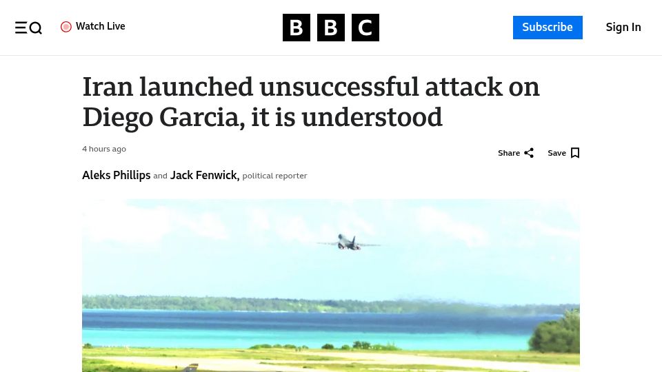 Screenshot of bbc.com: Iran launched unsuccessful attack on UK's Diego Garcia