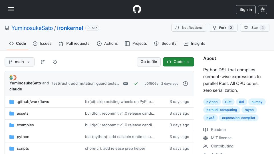 Screenshot of github.com: How HN: Ironkernel – Python expressions, Rust parallel