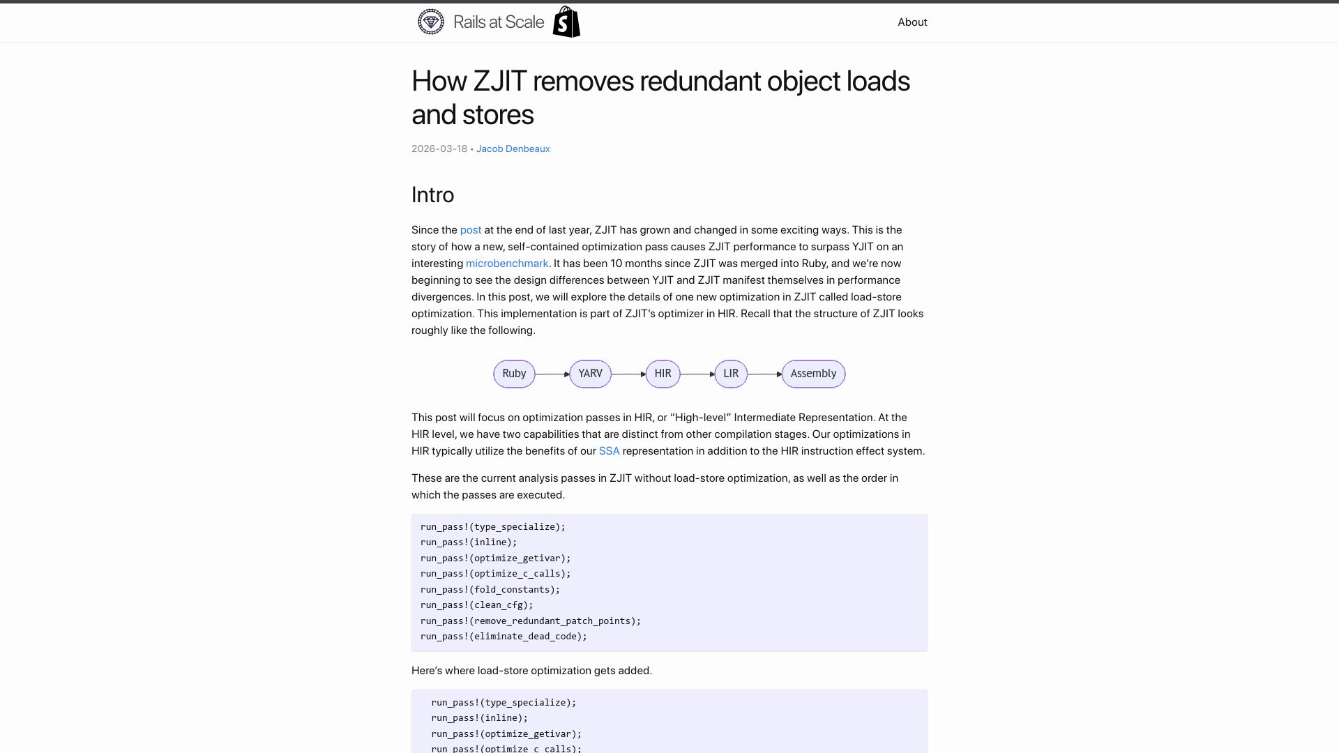 Screenshot of railsatscale.com: ZJIT removes redundant object loads and stores