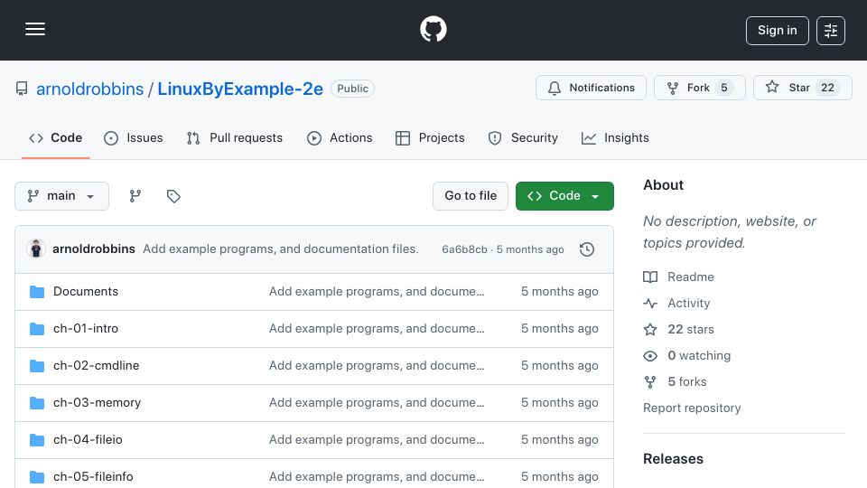 Screenshot of github.com: Linux Applications Programming by Example: The Fundamental APIs (2nd Edition)
