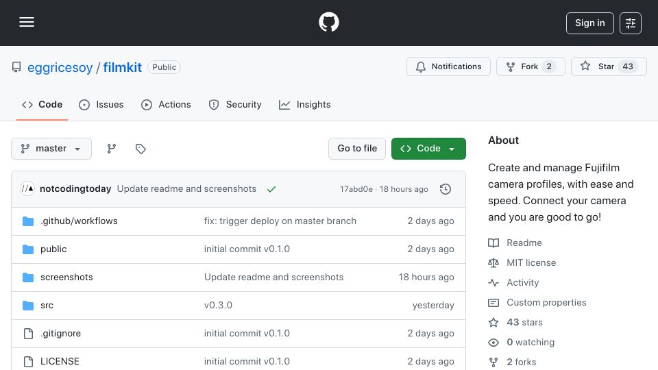 Screenshot of github.com: Fujifilm X RAW STUDIO webapp clone