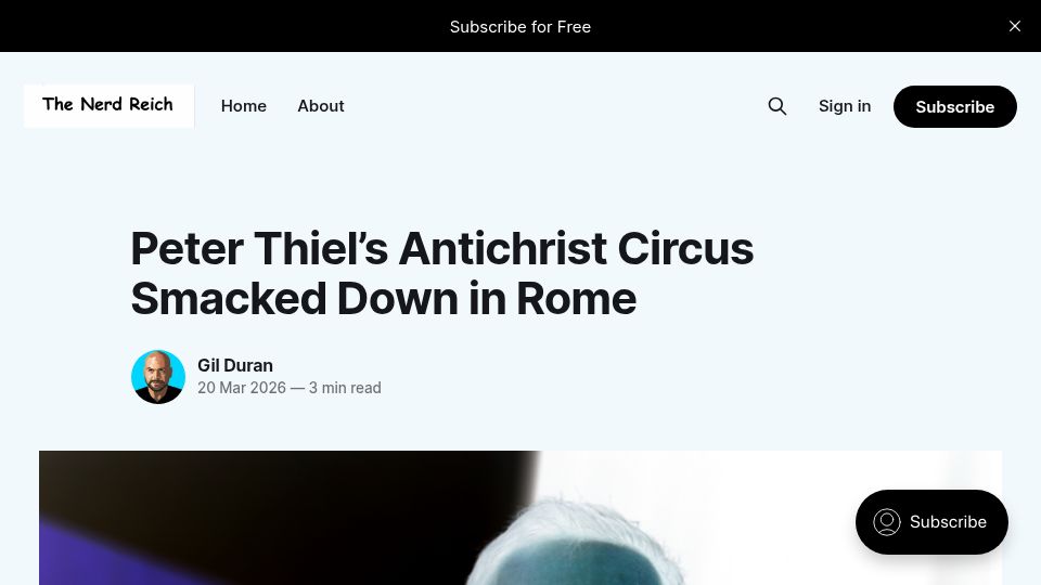 Screenshot of thenerdreich.com: Vatican Rebukes Peter Thiel's Antichrist Lectures in Rome