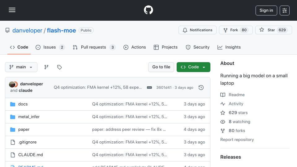 Screenshot of github.com: Flash-MoE: Running a 397B Parameter Model on a Laptop