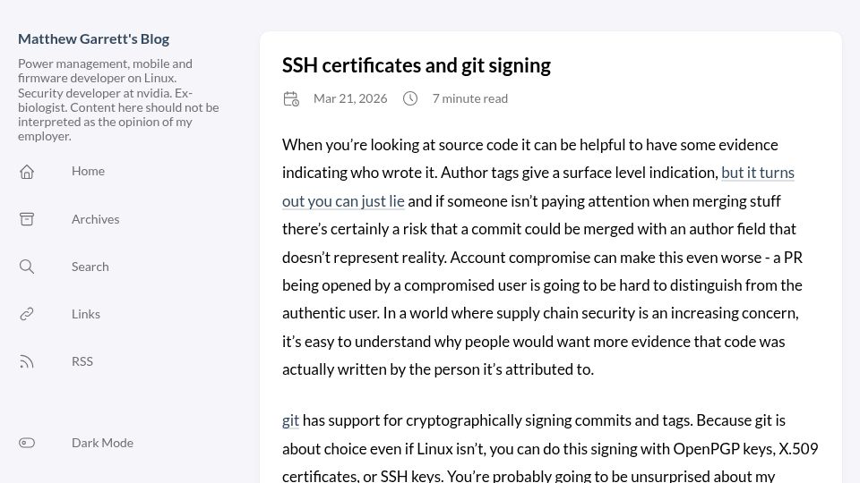 Screenshot of codon.org.uk: SSH Certificates and Git Signing