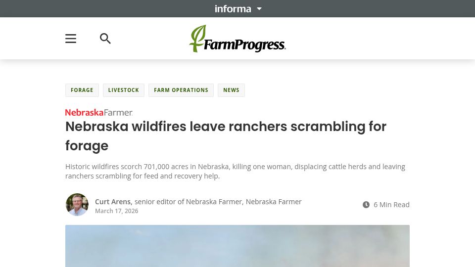 Screenshot of farmprogress.com: Nebraska wildfires leave ranchers scrambling for forage