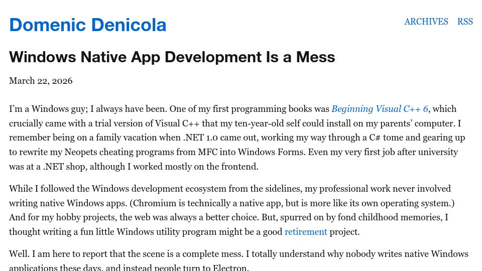 Screenshot of domenic.me: Windows native app development is a mess