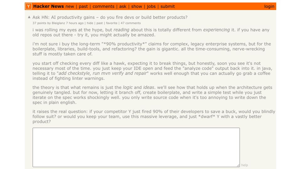 Screenshot of Hacker News post: Ask HN: AI productivity gains – do you fire devs or build better products?