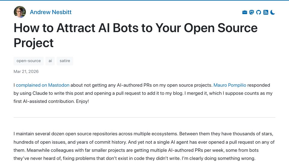 Screenshot of nesbitt.io: How to attract AI bots to your open source project