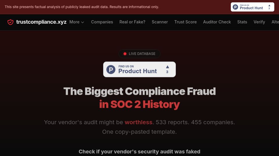 Screenshot of trustcompliance.xyz: We indexed the Delve audit leak: 533 reports, 455 companies, 99.8% identical