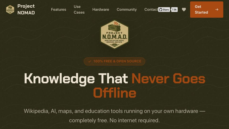Screenshot of projectnomad.us: Project Nomad – Knowledge That Never Goes Offline