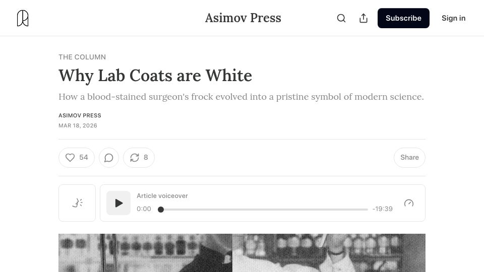 Screenshot of asimov.press: Why Lab Coats Turned White