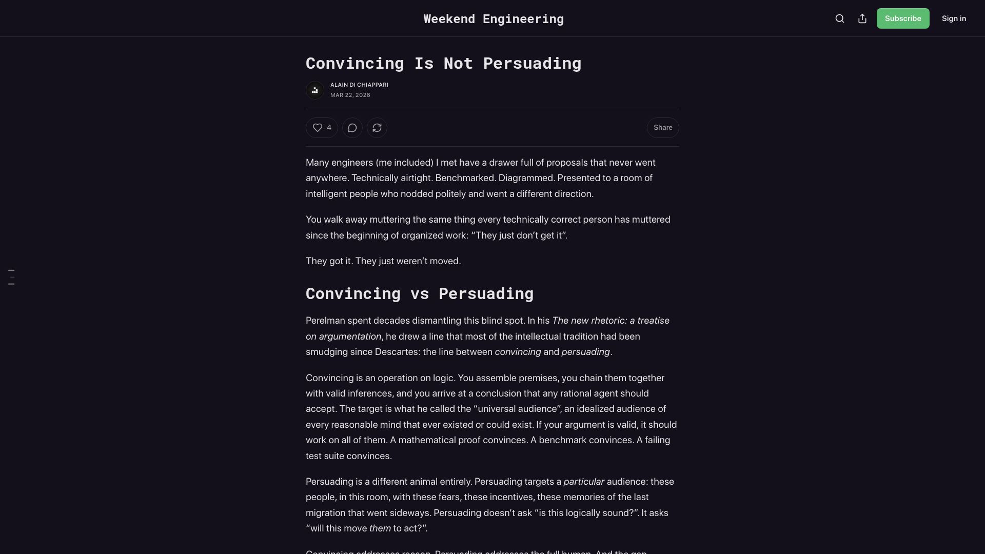 Screenshot of blog.alaindichiappari.dev: Convincing Is Not Persuading