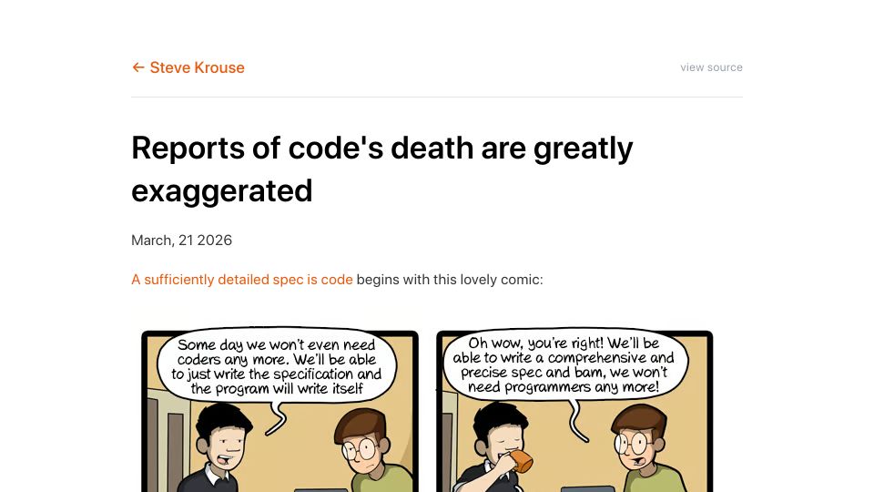 Screenshot of stevekrouse.com: Reports of code's death are greatly exaggerated