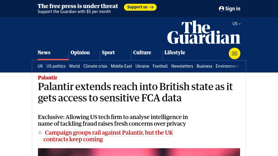 Screenshot of theguardian.com: Palantir extends reach into British state as gets access to sensitive FCA data