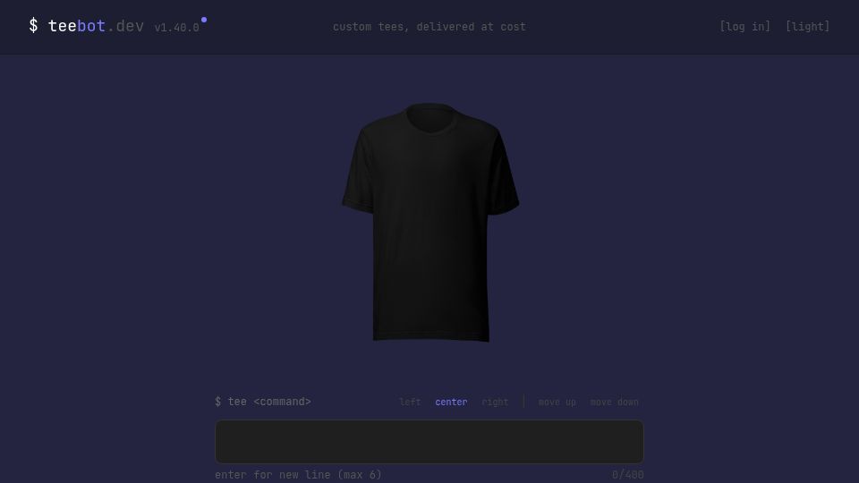 Screenshot of teebot.dev: $ teebot.dev – from terminal to tee in 6 seconds