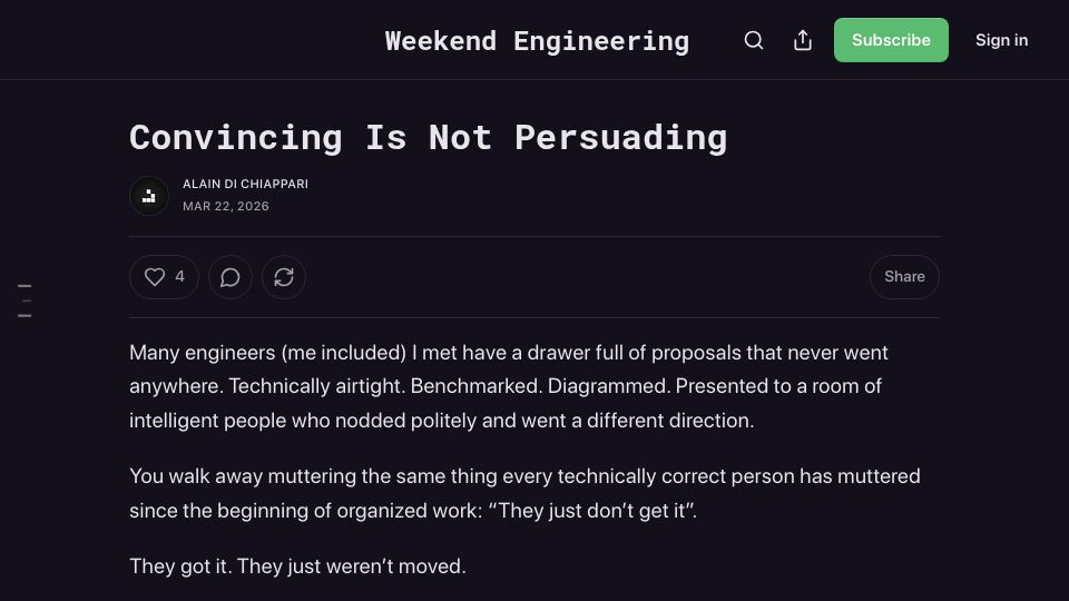 Screenshot of blog.alaindichiappari.dev: Convincing Is Not Persuading