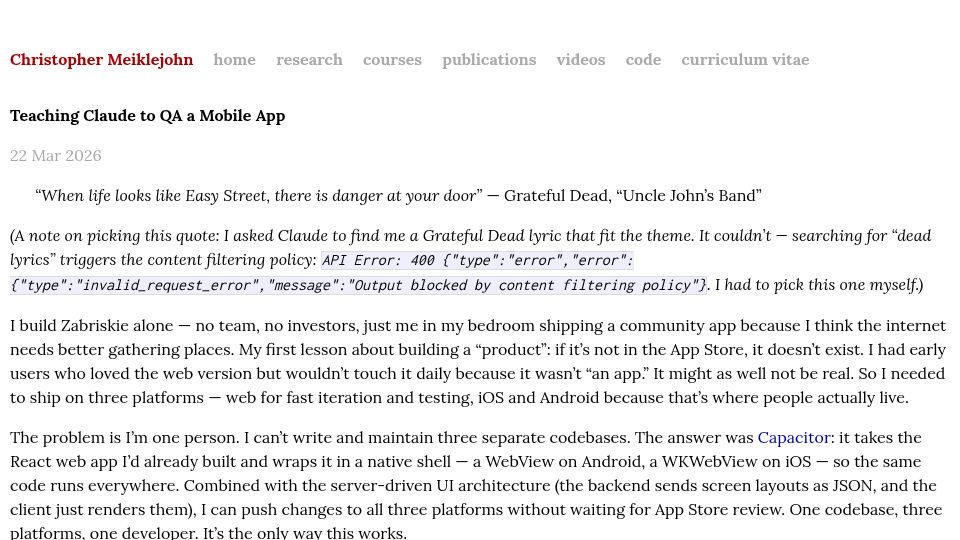 Screenshot of christophermeiklejohn.com: Teaching Claude to QA a mobile app