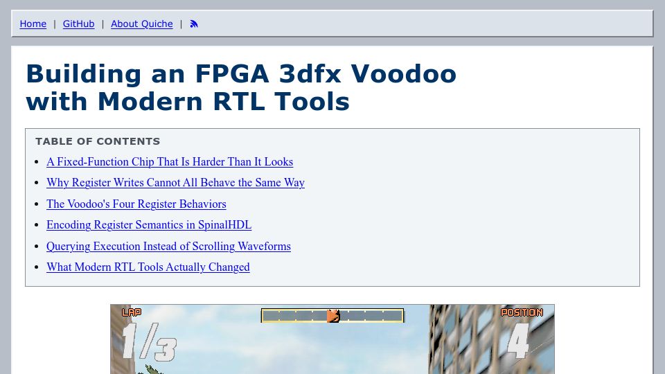 Screenshot of noquiche.fyi: Building an FPGA 3dfx Voodoo with Modern RTL Tools