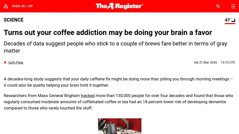 Screenshot of theregister.com: Turns out your coffee addiction may be doing your brain a favor