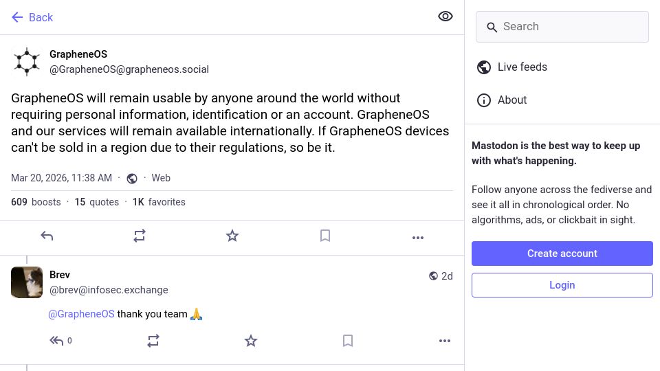 Screenshot of grapheneos.social: GrapheneOS will remain usable by anyone without requiring personal information