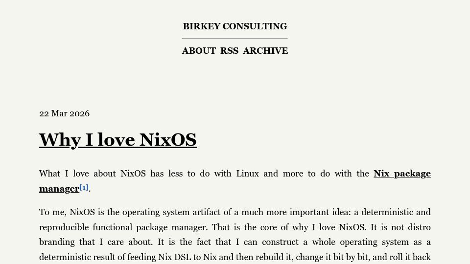 Screenshot of birkey.co: Why I love NixOS