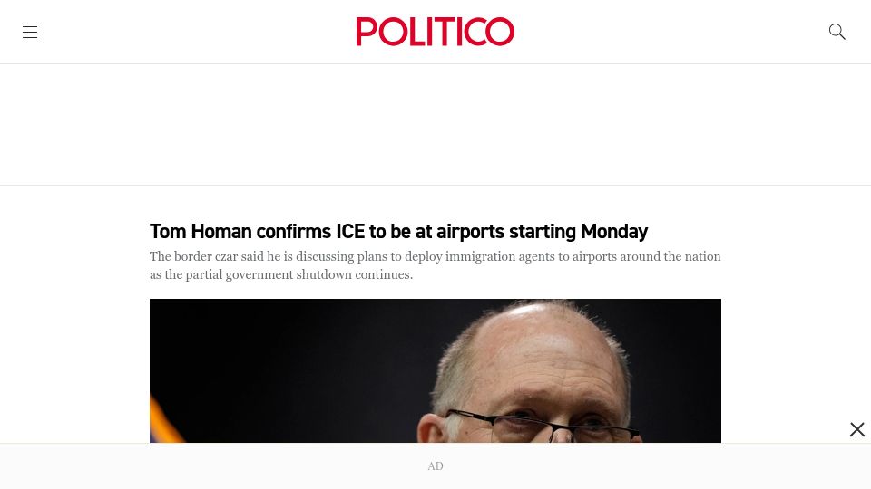 Screenshot of politico.com: Tom Homan confirms ICE to be at airports starting Monday