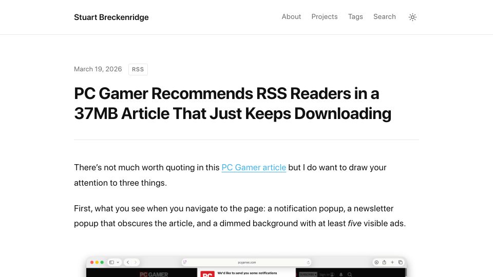 Screenshot of stuartbreckenridge.net: PC Gamer recommends RSS readers in a 37mb article that just keeps downloading