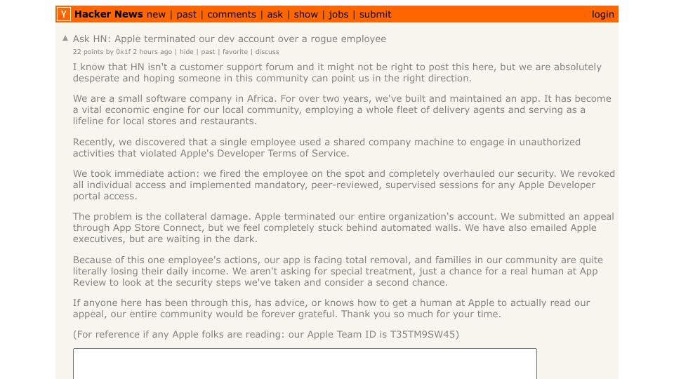 Screenshot of Hacker News post: Ask HN: Apple terminated our dev account over a rogue employee