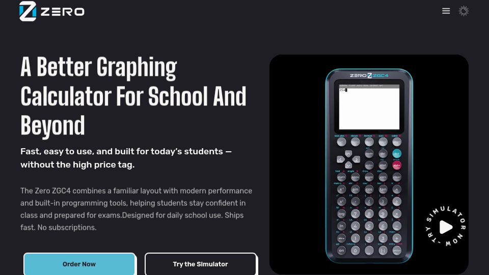 Screenshot of zerocalculators.com: Zero ZGC4: A Better Graphing Calculator for School and Beyond