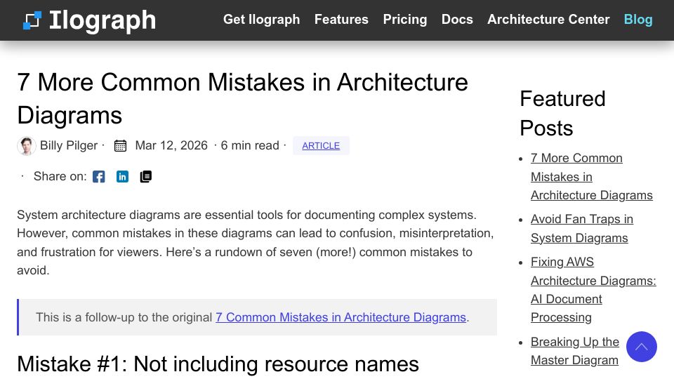 Screenshot of ilograph.com: More common mistakes to avoid when creating system architecture diagrams