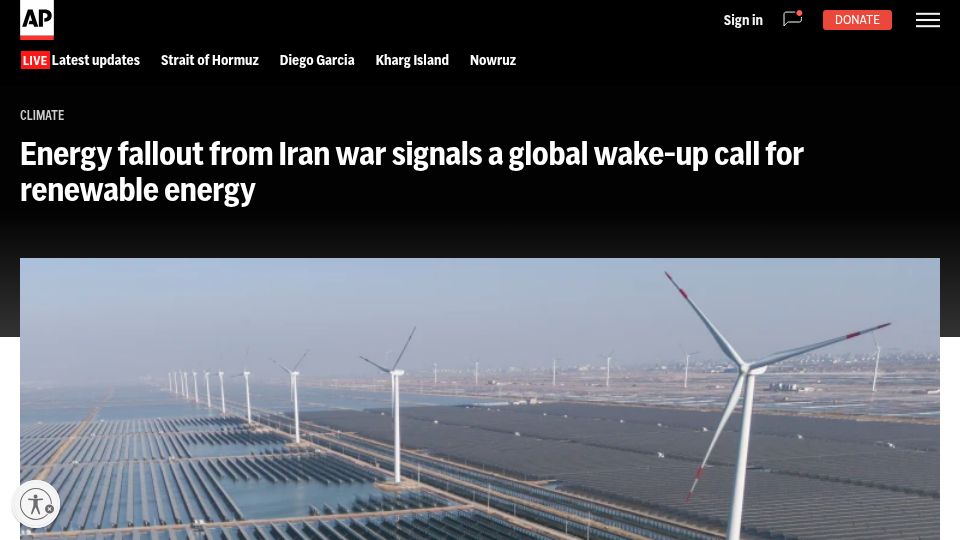 Screenshot of apnews.com: Iran war energy crisis is a renewable energy wake-up call