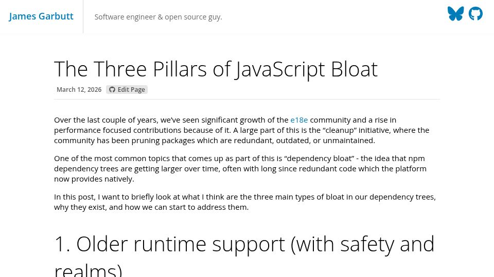 Screenshot of 43081j.com: The three pillars of JavaScript bloat