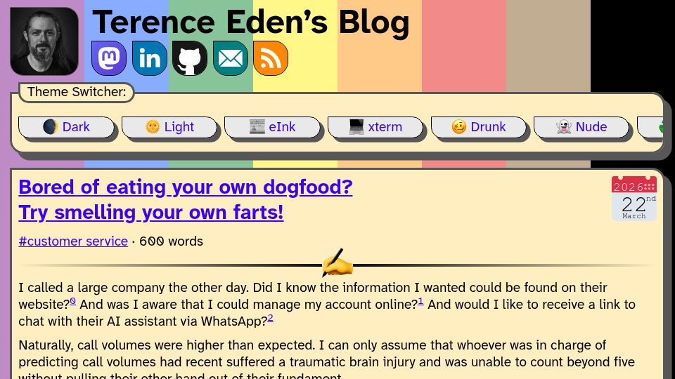 Screenshot of shkspr.mobi: Bored of eating your own dogfood? Try smelling your own farts