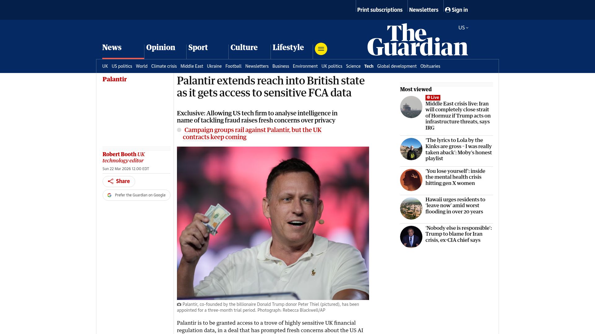 Screenshot of theguardian.com: Palantir extends reach into British state as gets access to sensitive FCA data