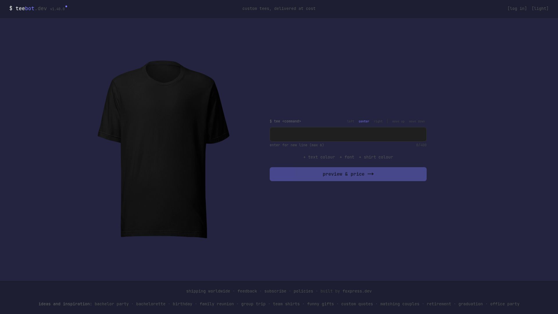 Screenshot of teebot.dev: $ teebot.dev – from terminal to tee in 6 seconds
