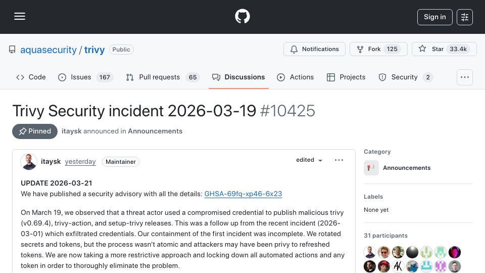 Screenshot of github.com: Trivy Security incident 2026-03-19